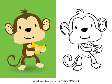Vector cartoon of funny monkey carrying banana, coloring book or page for kids
