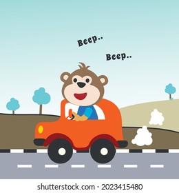 Vector cartoon of funny monkey driving car in the road with village landscape. Can be used for t-shirt printing, children wear fashion designs, baby shower invitation cards and other decoration.