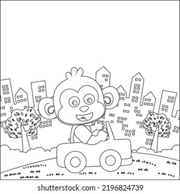 Vector cartoon of funny monkey driving car in the junggle. Cartoon isolated vector illustration, Creative vector Childish design for kids activity colouring book or page.