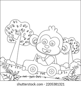 Vector cartoon of funny monkey driving car in the junggle. Cartoon isolated vector illustration, Creative vector Childish design for kids activity colouring book or page.