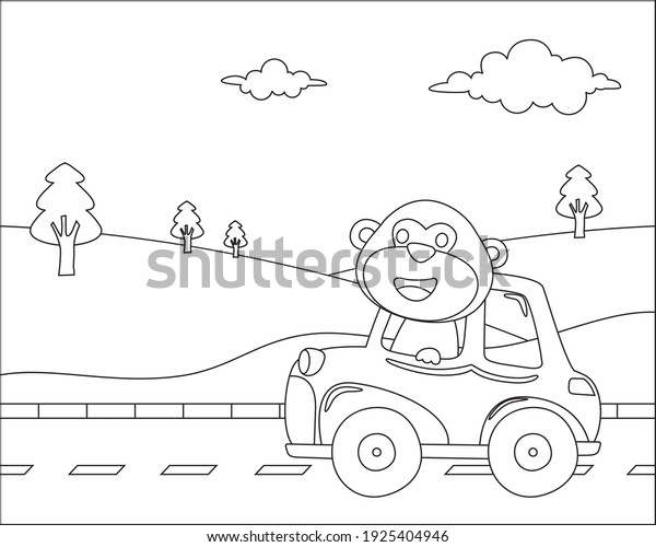 Vector cartoon of funny monkey driving car in the\
road with village landscape. Cartoon isolated vector illustration,\
Creative vector Childish design for kids activity colouring book or\
page.