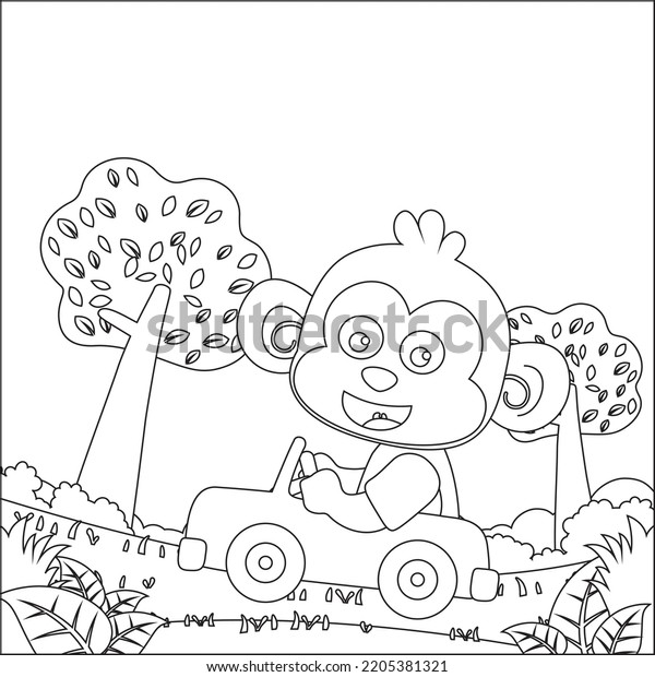 Vector cartoon of\
funny monkey driving car in the junggle. Cartoon isolated vector\
illustration, Creative vector Childish design for kids activity\
colouring book or page.