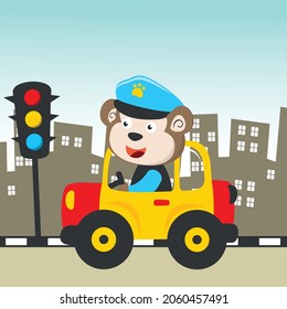 Vector cartoon of funny monkey police patrol in the city. Can be used for t-shirt printing, children wear fashion designs, baby shower invitation cards and other decoration.