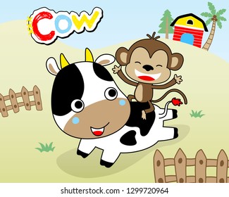 Vector cartoon of funny monkey riding on cows back in farmyard