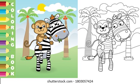 Vector cartoon of funny monkey riding zebra, coloring page or book