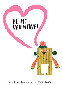 Vector Cartoon Funny Monster with love and heart. Be my Valentine. Design for print, party decoration, t-shirt, illustration, logo, emblem or sticker