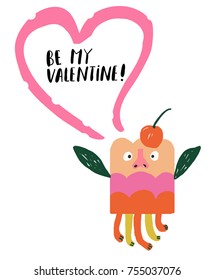 Vector Cartoon Funny Monster with love and heart. Be my Valentine. Design for print, party decoration, t-shirt, illustration, logo, emblem or sticker