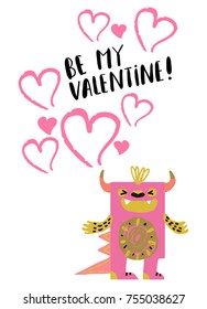 Vector Cartoon Funny Monster with love and heart. Be my Valentine. Design for print, party decoration, t-shirt, illustration, logo, emblem or sticker