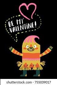 Vector Cartoon Funny Monster with love and heart. Be my Valentine. Design for print, party decoration, t-shirt, illustration, logo, emblem or sticker