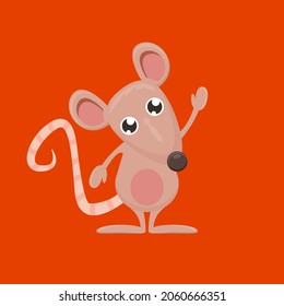 Vector cartoon funny mouse animal isolated on red background. Little cute smiling mice character