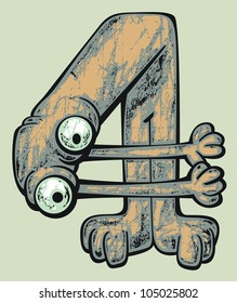Vector cartoon funny number. Figure of a cute green Creature pretending as the Number Four