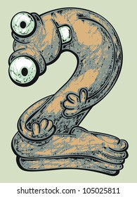 Vector cartoon funny number. Figure of a cute green Creature pretending as the Number Two