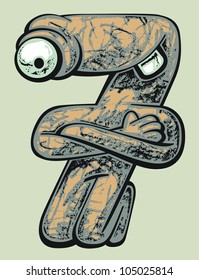 Vector cartoon funny number. Figure of a cute green Creature pretending as the Number Seven