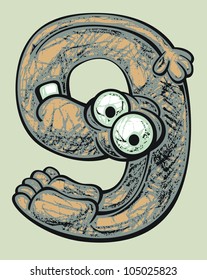 Vector cartoon funny number. Figure of a cute green Creature pretending as the Number Nine