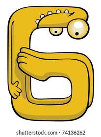 Vector cartoon funny number. Figure of a cute green Creature pretending as the Number Six