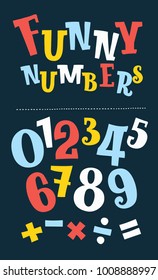 Vector cartoon funny Numbers set in different size and colors on black back background.