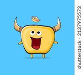 Vector cartoon funny orange monster with horn isolated on blue background. Smiling silly yellow monster print sticker design template. Ghost, troll, gremlin, goblin, devil and monster