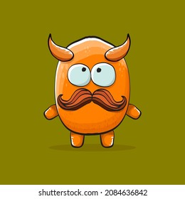 Vector cartoon funny orange monster with horn isolated on green background. Smiling silly orange monster print sticker design template. Orange Ghost, troll, gremlin, goblin, devil and monster