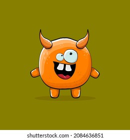 Vector cartoon funny orange monster with horn isolated on green background. Smiling silly orange monster print sticker design template. Orange Ghost, troll, gremlin, goblin, devil and monster