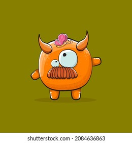 Vector cartoon funny orange monster with horn isolated on green background. Smiling silly orange monster print sticker design template. Orange Ghost, troll, gremlin, goblin, devil and monster