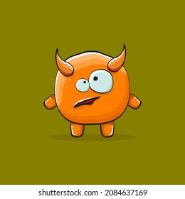 Vector cartoon funny orange monster with horn isolated on green background. Smiling silly orange monster print sticker design template. Orange Ghost, troll, gremlin, goblin, devil and monster
