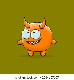 Vector cartoon funny orange monster with horn isolated on green background. Smiling silly orange monster print sticker design template. Orange Ghost, troll, gremlin, goblin, devil and monster