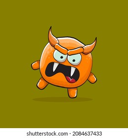 Vector cartoon funny orange monster with horn isolated on green background. Smiling silly orange monster print sticker design template. Orange Ghost, troll, gremlin, goblin, devil and monster
