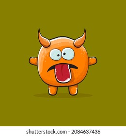 Vector cartoon funny orange monster with horn isolated on green background. Smiling silly orange monster print sticker design template. Orange Ghost, troll, gremlin, goblin, devil and monster