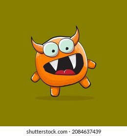 Vector cartoon funny orange monster with horn isolated on green background. Smiling silly orange monster print sticker design template. Orange Ghost, troll, gremlin, goblin, devil and monster