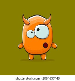 Vector cartoon funny orange monster with horn isolated on green background. Smiling silly orange monster print sticker design template. Orange Ghost, troll, gremlin, goblin, devil and monster
