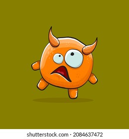Vector cartoon funny orange monster with horn isolated on green background. Smiling silly orange monster print sticker design template. Orange Ghost, troll, gremlin, goblin, devil and monster