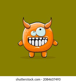 Vektorcartoon lustiges orangefarbenes Monster mit Horn einzeln auf grünem Hintergrund. Lächelnde alorangefarbene Monster-Druckaufkleber-Design-Vorlage. Orangefarbener Geist, Troll, Goblin, Teufel, Monster