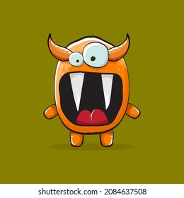 Vector cartoon funny orange monster with horn isolated on green background. Smiling silly orange monster print sticker design template. Orange Ghost, troll, gremlin, goblin, devil and monster
