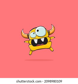 Vector cartoon funny orange monster with horn isolated on pink background. Smiling silly pink monster print sticker design template. Ghost, troll, gremlin, goblin, devil and monster