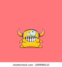 Vector cartoon funny orange monster with horn isolated on pink background. Smiling silly pink monster print sticker design template. Ghost, troll, gremlin, goblin, devil and monster