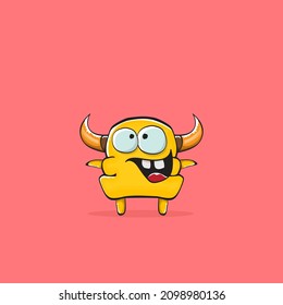 Vector cartoon funny orange monster with horn isolated on pink background. Smiling silly pink monster print sticker design template. Ghost, troll, gremlin, goblin, devil and monster