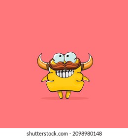 Vector cartoon funny orange monster with horn isolated on pink background. Smiling silly pink monster print sticker design template. Ghost, troll, gremlin, goblin, devil and monster