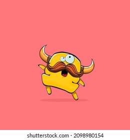 Vector cartoon funny orange monster with horn isolated on pink background. Smiling silly pink monster print sticker design template. Ghost, troll, gremlin, goblin, devil and monster