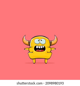 Vector cartoon funny orange monster with horn isolated on pink background. Smiling silly pink monster print sticker design template. Ghost, troll, gremlin, goblin, devil and monster