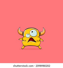 Vector cartoon funny orange monster with horn isolated on pink background. Smiling silly pink monster print sticker design template. Ghost, troll, gremlin, goblin, devil and monster