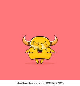 Vector cartoon funny orange monster with horn isolated on pink background. Smiling silly pink monster print sticker design template. Ghost, troll, gremlin, goblin, devil and monster