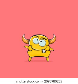 Vector cartoon funny orange monster with horn isolated on pink background. Smiling silly pink monster print sticker design template. Ghost, troll, gremlin, goblin, devil and monster
