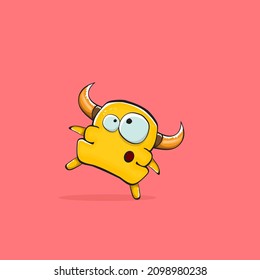Vector cartoon funny orange monster with horn isolated on pink background. Smiling silly pink monster print sticker design template. Ghost, troll, gremlin, goblin, devil and monster