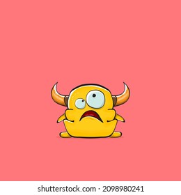 Vector cartoon funny orange monster with horn isolated on pink background. Smiling silly pink monster print sticker design template. Ghost, troll, gremlin, goblin, devil and monster