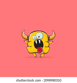 Vector cartoon funny orange monster with horn isolated on pink background. Smiling silly pink monster print sticker design template. Ghost, troll, gremlin, goblin, devil and monster