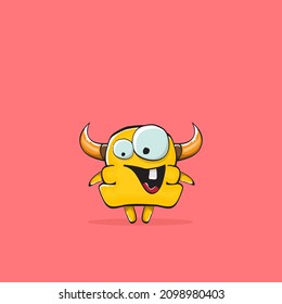 Vector cartoon funny orange monster with horn isolated on pink background. Smiling silly pink monster print sticker design template. Ghost, troll, gremlin, goblin, devil and monster