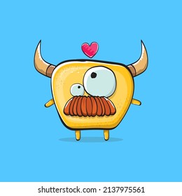 Vector cartoon funny orange monster with horn isolated on blue background. Smiling silly yellow monster print sticker design template. Ghost, troll, gremlin, goblin, devil and monster