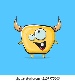 Vector cartoon funny orange monster with horn isolated on blue background. Smiling silly yellow monster print sticker design template. Ghost, troll, gremlin, goblin, devil and monster