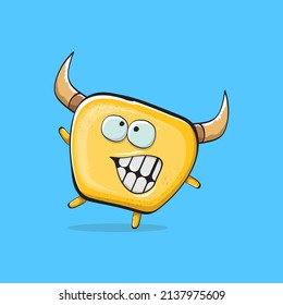 Vector cartoon funny orange monster with horn isolated on blue background. Smiling silly yellow monster print sticker design template. Ghost, troll, gremlin, goblin, devil and monster