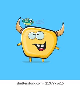 Vector cartoon funny orange monster with horn isolated on blue background. Smiling silly yellow monster print sticker design template. Ghost, troll, gremlin, goblin, devil and monster